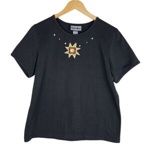 Indigo Moon Ethnic Embellished Black T-Shirt Top Tee Short Sleeve Size M